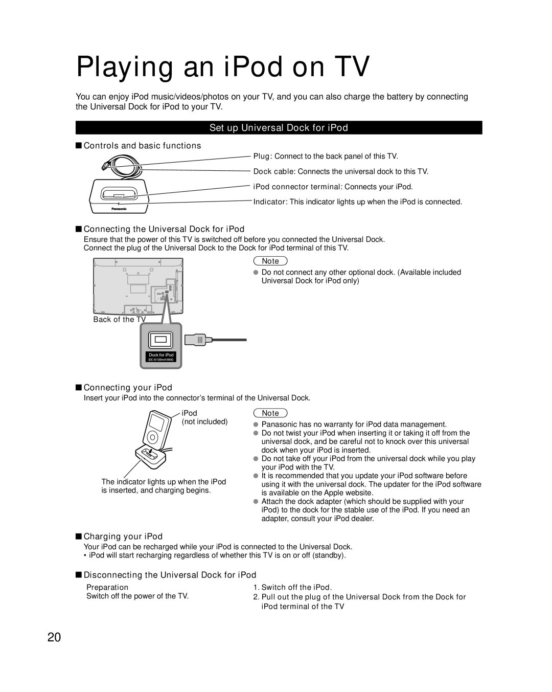 Panasonic TC-L32X2, TC-L37X2 quick start Playing an iPod on TV, Set up Universal Dock for iPod 