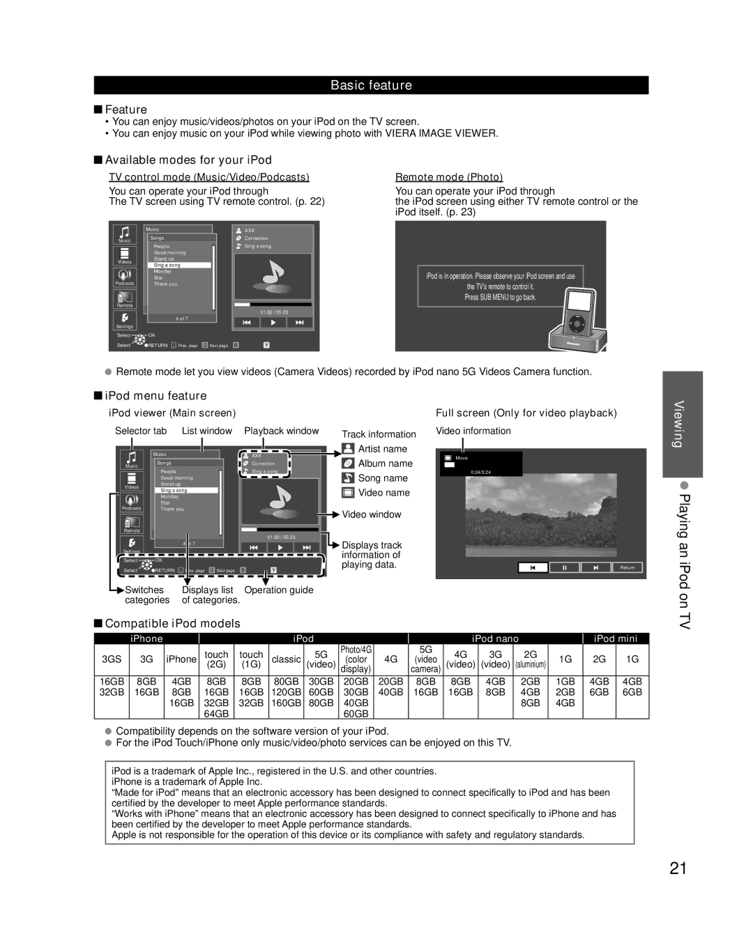 Panasonic TC-L37X2, TC-L32X2 quick start Viewing Playing an iPod on, Basic feature 