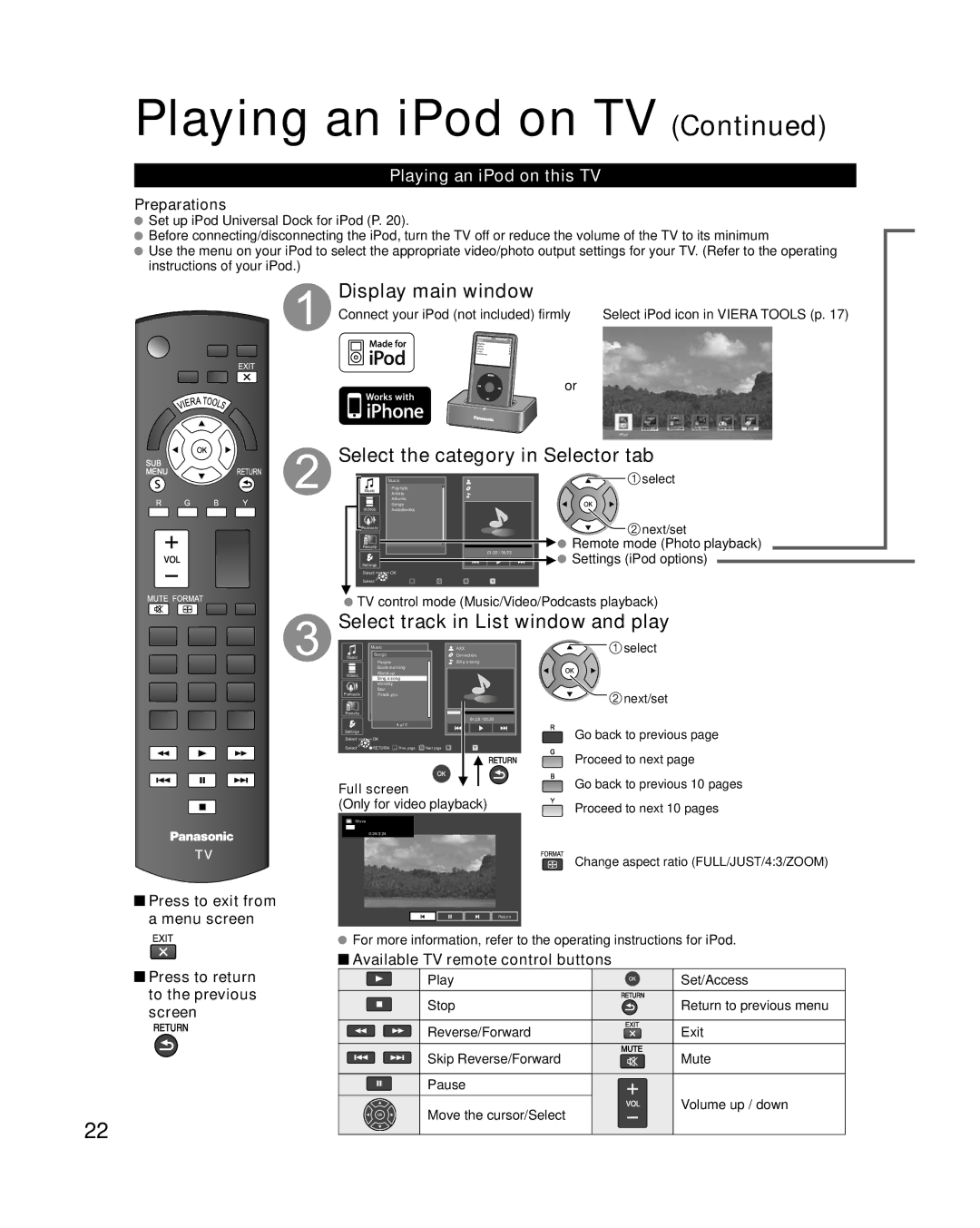 Panasonic TC-L32X2 Display main window, Select the category in Selector tab, Select track in List window and play 