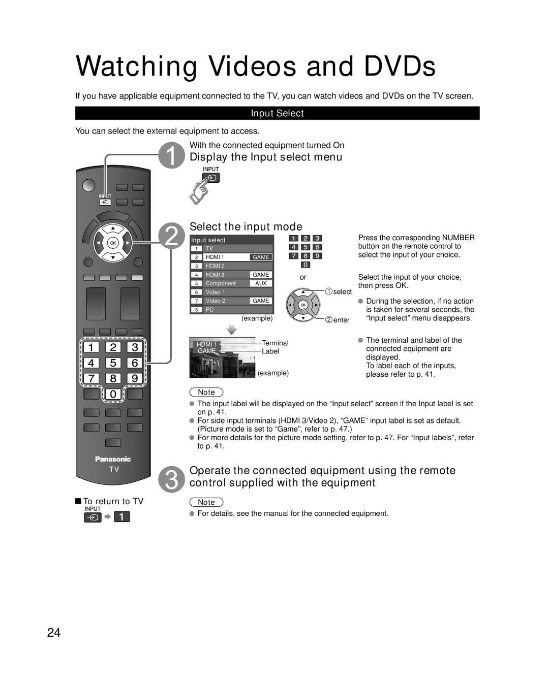 Panasonic TC-L32X2, TC-L37X2 Watching Videos and DVDs, Display the Input select menu Select the input mode, Input Select 