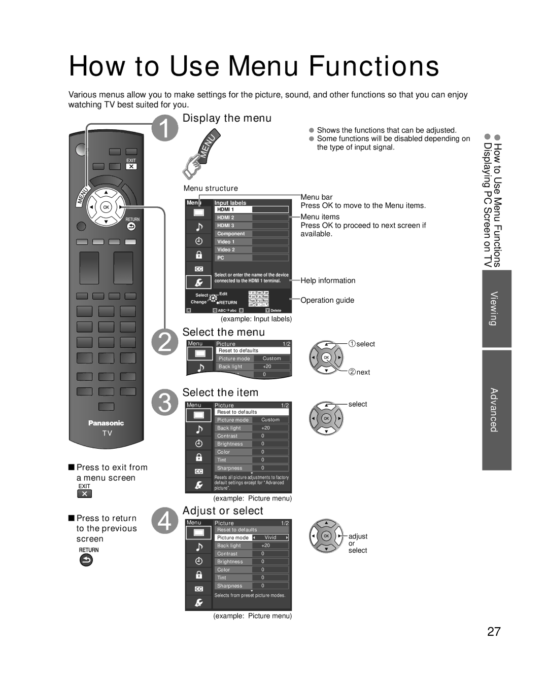 Panasonic TC-L37X2, TC-L32X2 quick start How to Use Menu Functions, Display the menu, Adjust or select, Advanced 