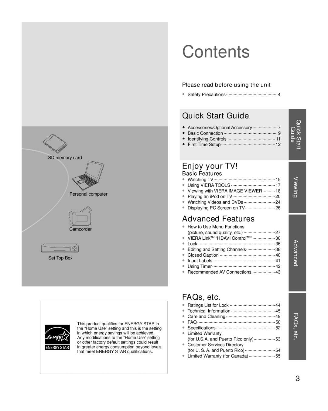 Panasonic TC-L37X2, TC-L32X2 quick start Contents 