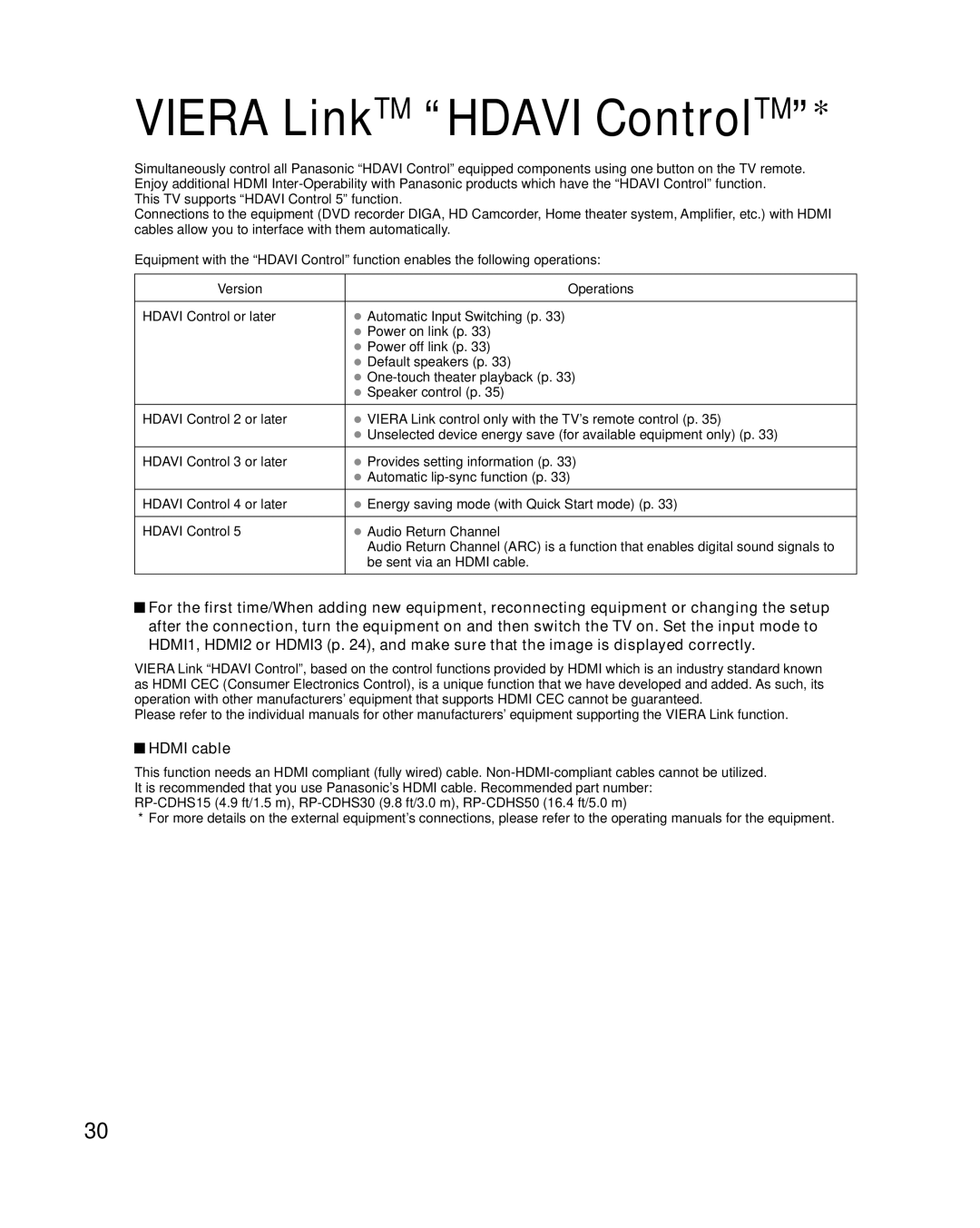 Panasonic TC-L32X2, TC-L37X2 quick start Viera LinkTM Hdavi ControlTM, Hdmi cable 