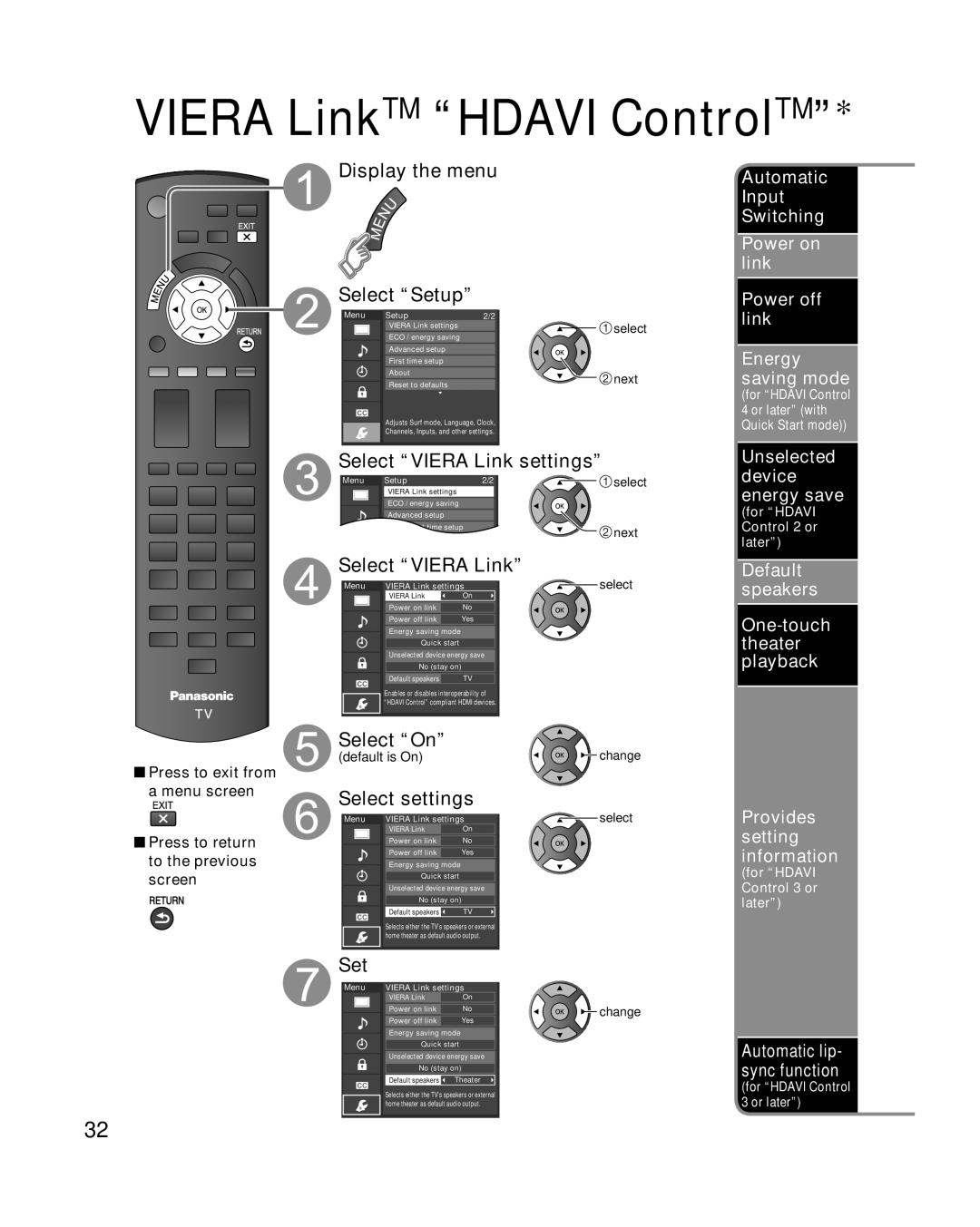 Panasonic TC-L32X2 Select settings, Set, Default Speakers One-touch theater playback, Provides setting information 