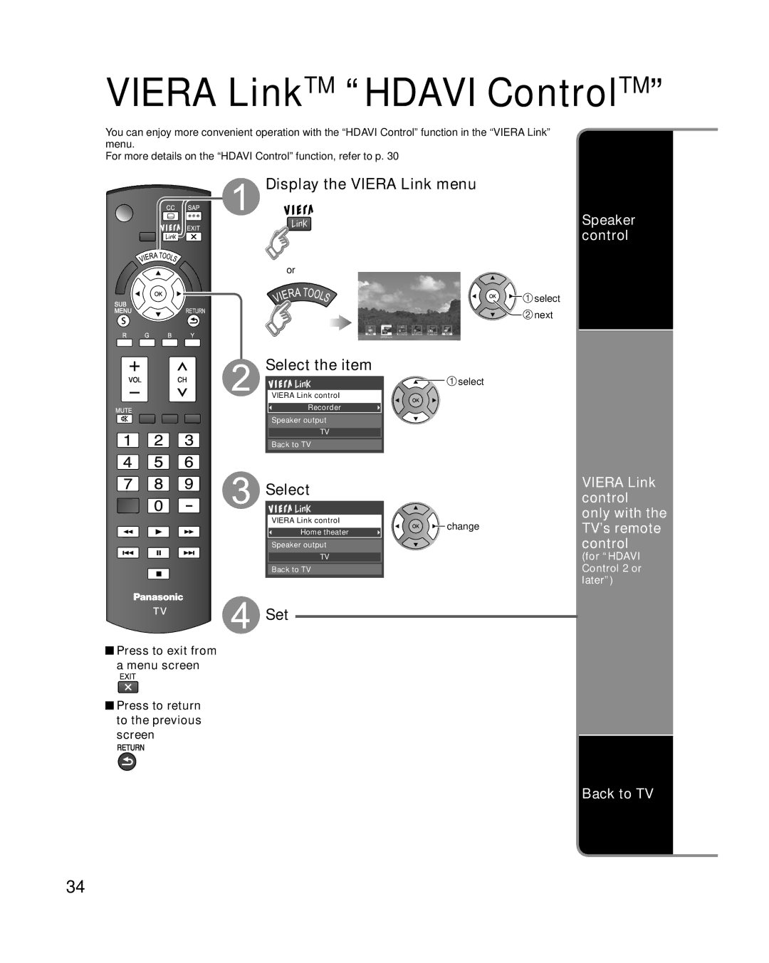 Panasonic TC-L32X2, TC-L37X2 quick start Display the Viera Link menu, Select, Speaker control, Back to TV 