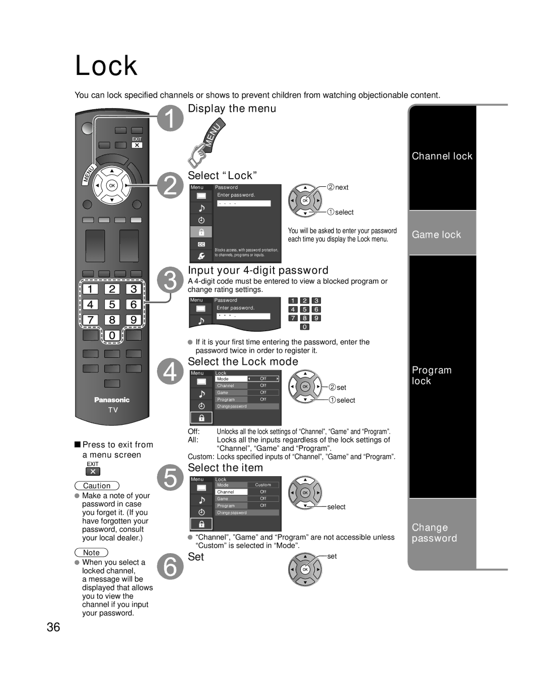 Panasonic TC-L32X2, TC-L37X2 quick start Display the menu Select Lock, Input your 4-digit password, Select the Lock mode 