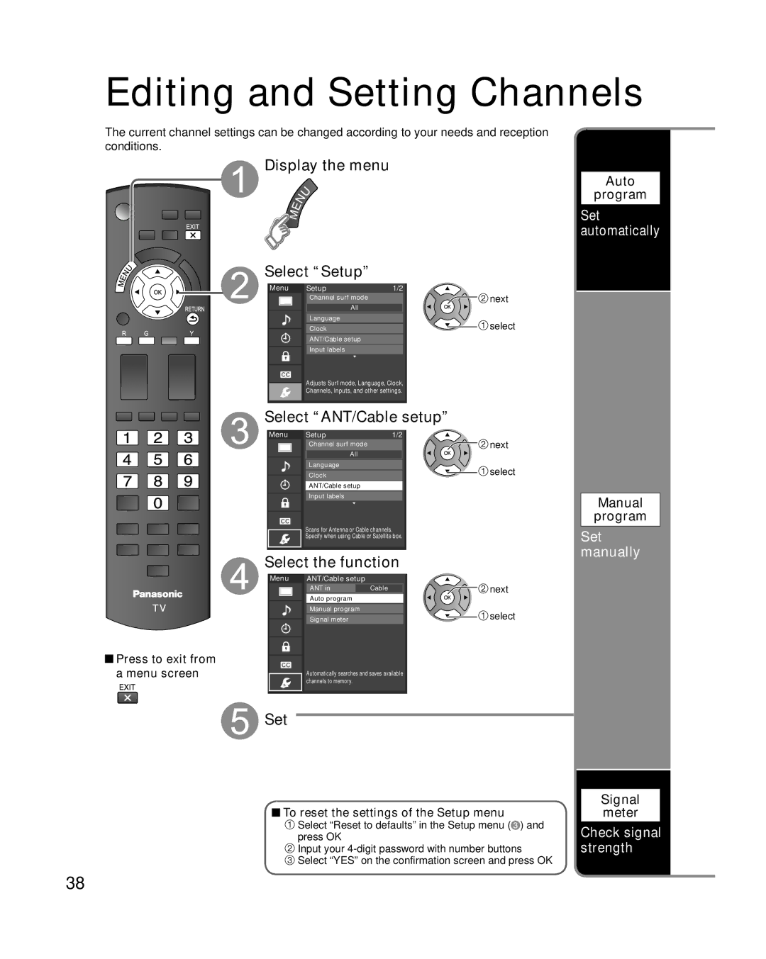 Panasonic TC-L32X2, TC-L37X2 Editing and Setting Channels, Select ANT/Cable setup, Select the function, Set manually 