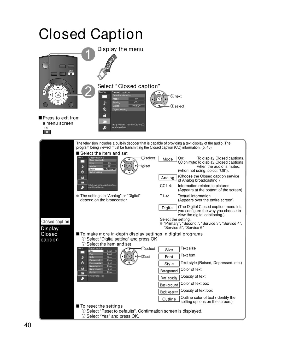 Panasonic TC-L32X2, TC-L37X2 quick start Closed Caption, Display the menu Select Closed caption, Display Closed 