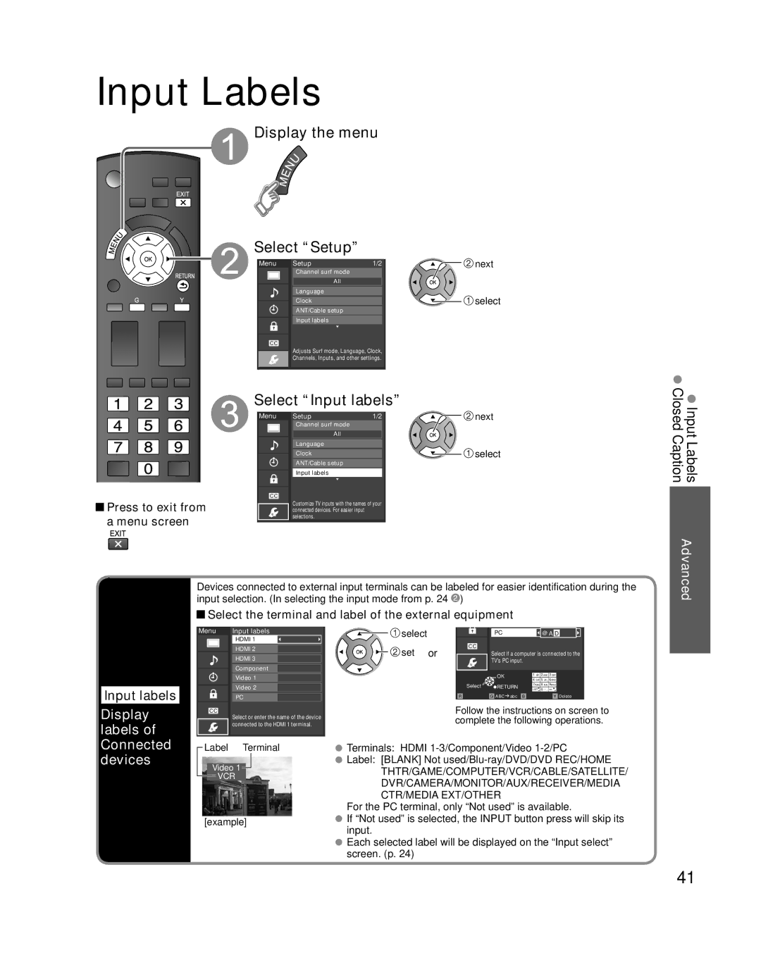 Panasonic TC-L37X2, TC-L32X2 Select Input labels, Input Labels Closed Caption, Display labels, Connected devices 