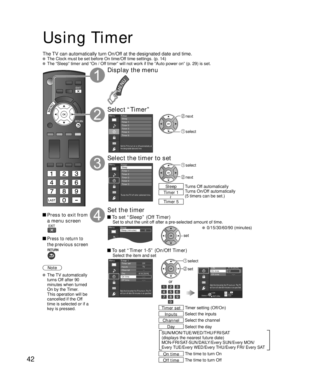 Panasonic TC-L32X2, TC-L37X2 Display the menu Select Timer, To set Sleep Off Timer, To set Timer 1-5 On/Off Timer 