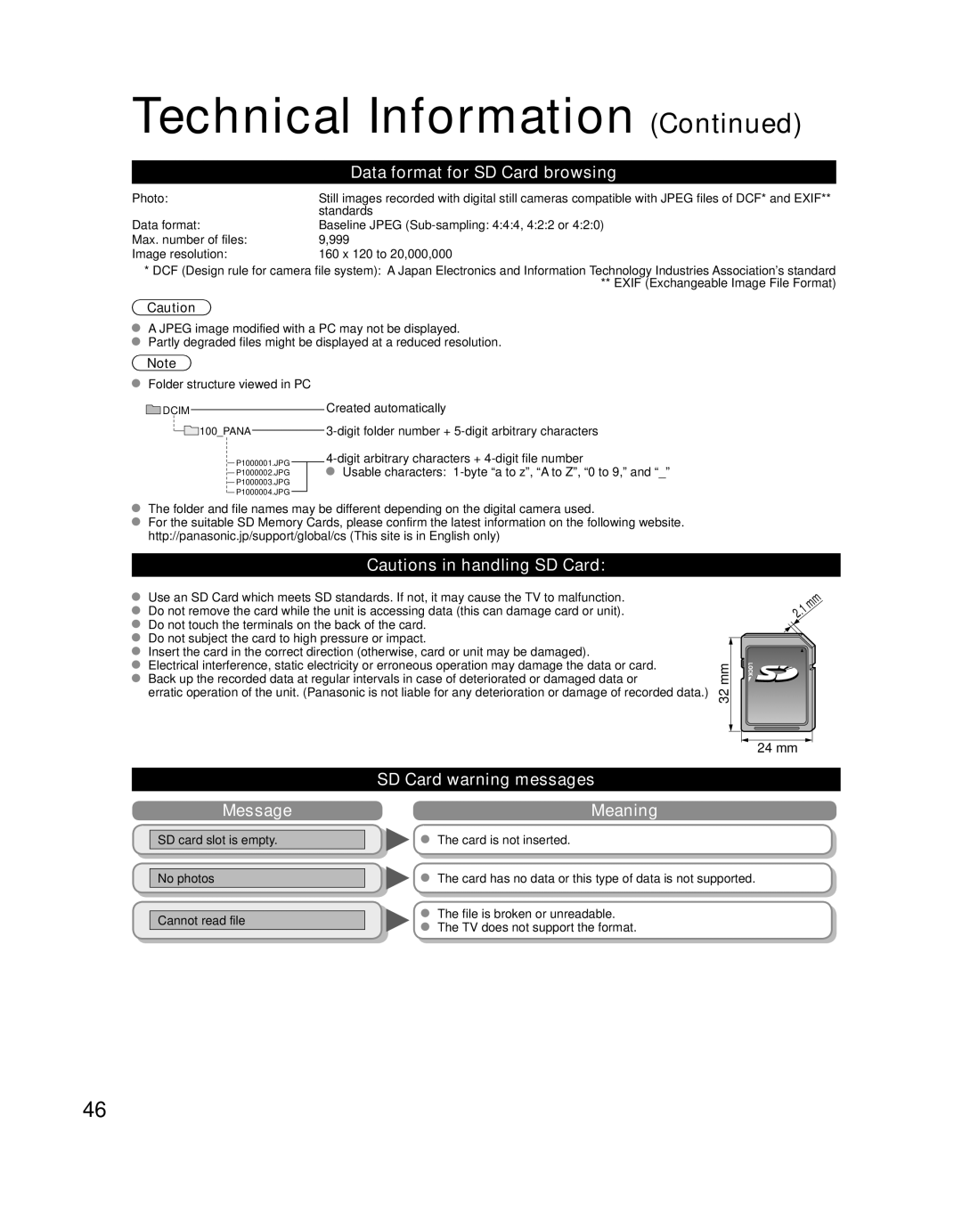 Panasonic TC-L32X2, TC-L37X2 Data format for SD Card browsing, Message, SD Card warning messages Meaning, 32 mm 24 mm 