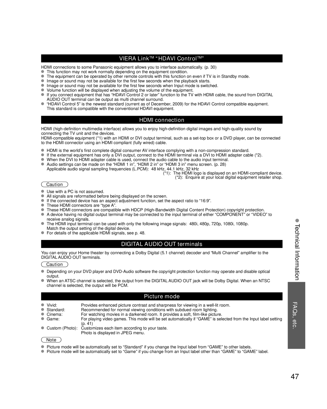 Panasonic TC-L37X2, TC-L32X2 Technical Information FAQs, etc, Viera LinkTM Hdavi ControlTM, Hdmi connection, Picture mode 