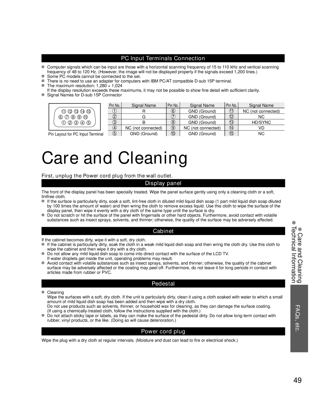 Panasonic TC-L37X2, TC-L32X2 quick start Care and Cleaning, CareTechnicaland CleaningInformation FAQs, etc 