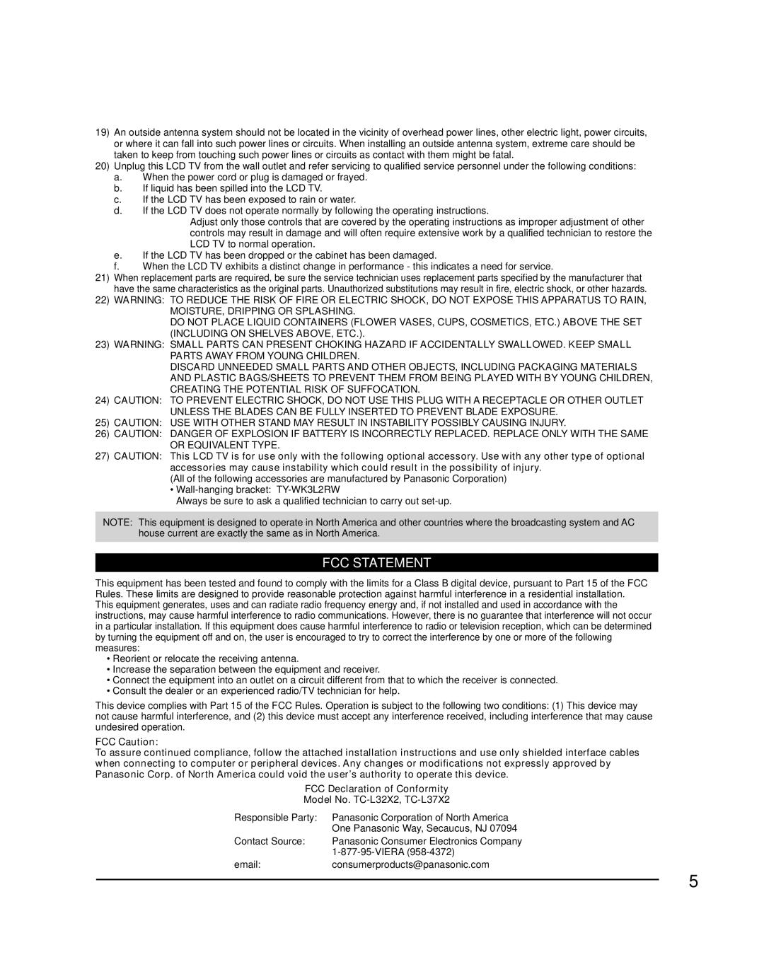 Panasonic TC-L37X2, TC-L32X2 quick start Responsible Party Panasonic Corporation of North America, Contact Source, Viera 