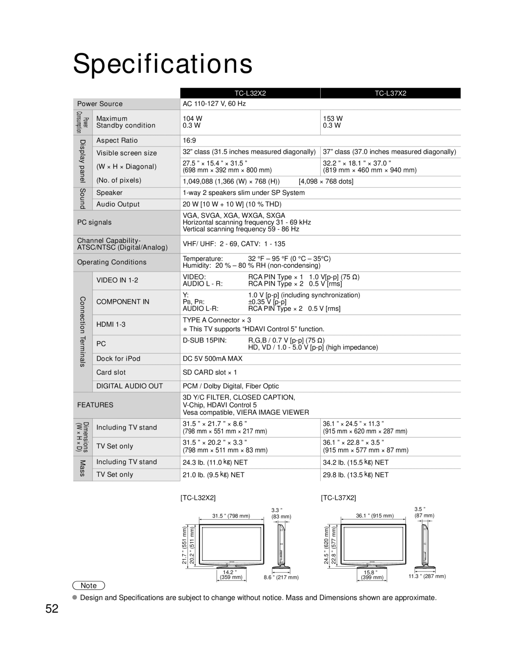 Panasonic TC-L32X2, TC-L37X2 quick start Specifications 