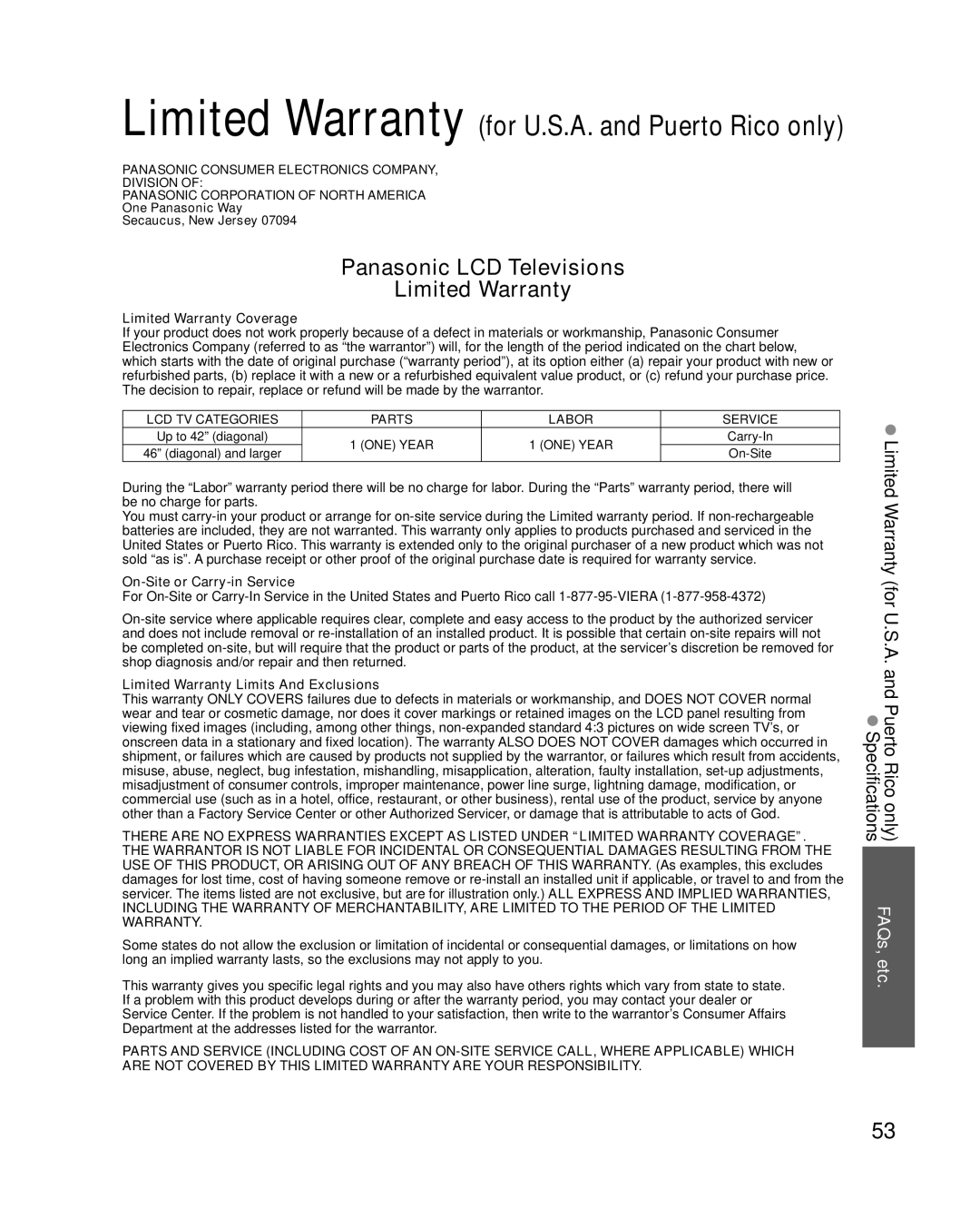 Panasonic TC-L37X2 Limited Warranty Coverage, On-Site or Carry-in Service, Limited Warranty Limits And Exclusions 