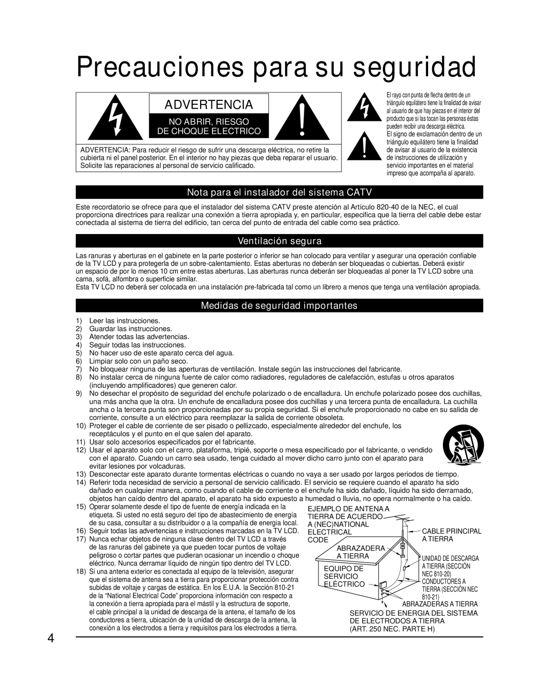 Panasonic TC-L32X2, TC-L37X2 Precauciones para su seguridad, Nota para el instalador del sistema Catv, Ventilación segura 