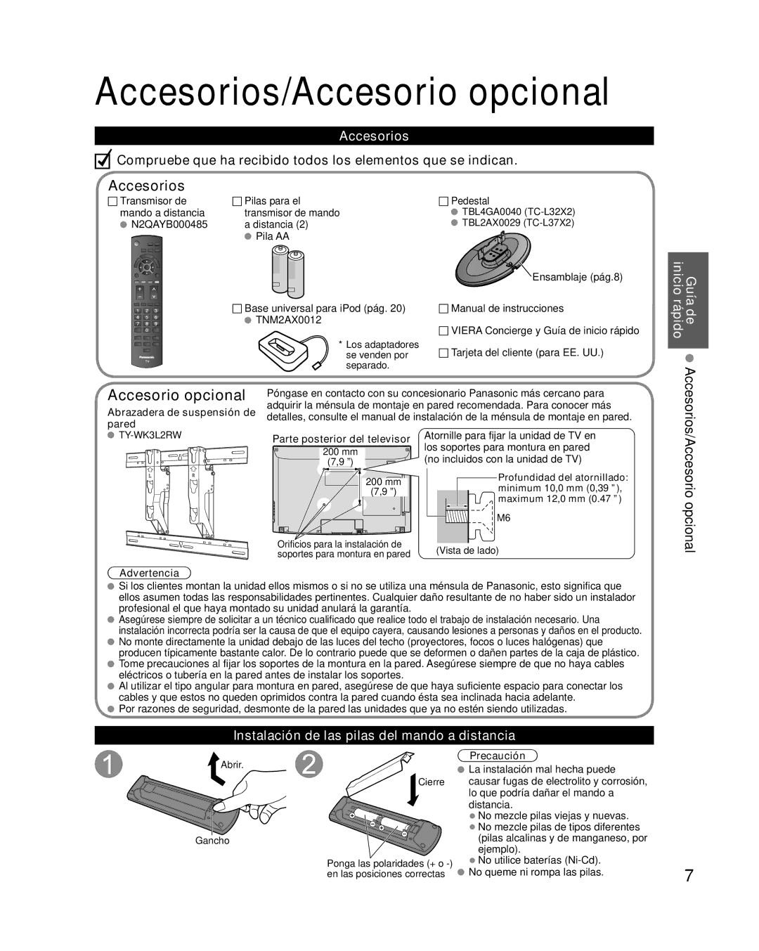 Panasonic TC-L37X2, TC-L32X2 quick start Accesorios/Accesorio opcional, Guía de inicio rápido 