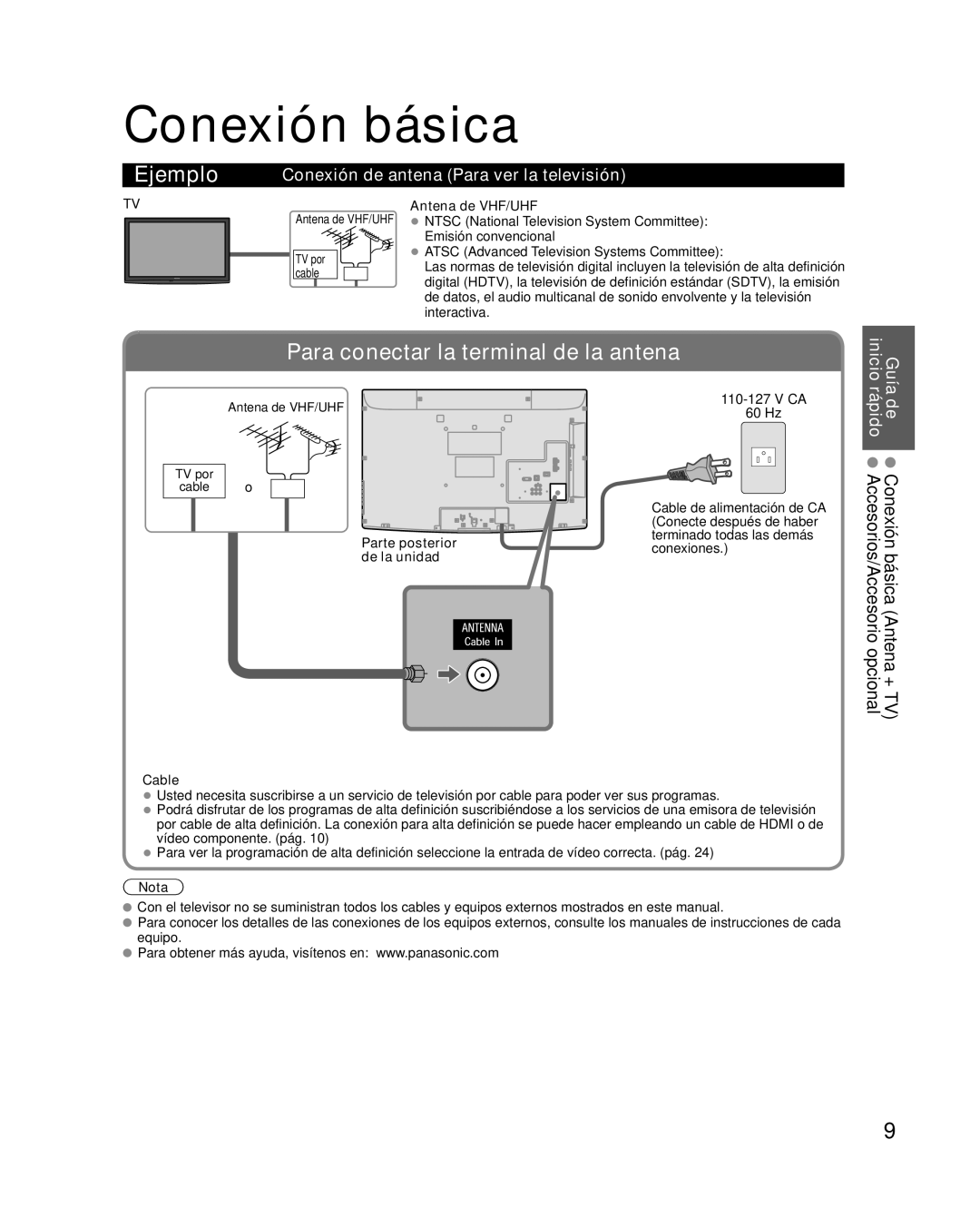 Panasonic TC-L37X2 Conexión básica, Conexión de antena Para ver la televisión, Guía inicio, Antena de VHF/UHF, Nota 