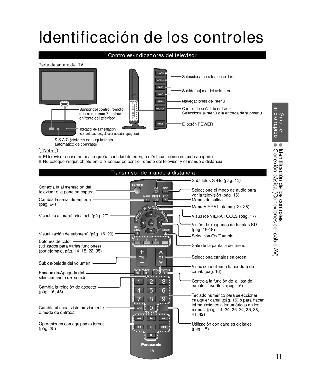 Panasonic TC-L37X2, TC-L32X2 quick start Identificación de los controles, De los controles básica Conexiones del cable AV 