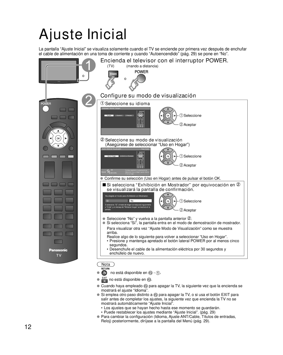 Panasonic TC-L32X2 Ajuste Inicial, Encienda el televisor con el interruptor Power, Configure su modo de visualización 