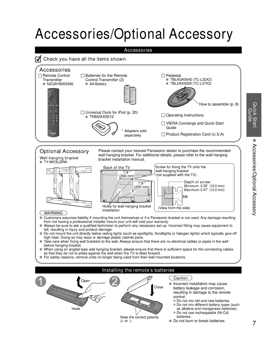 Panasonic TC-L37X2, TC-L32X2 quick start Accessories/Optional Accessory 