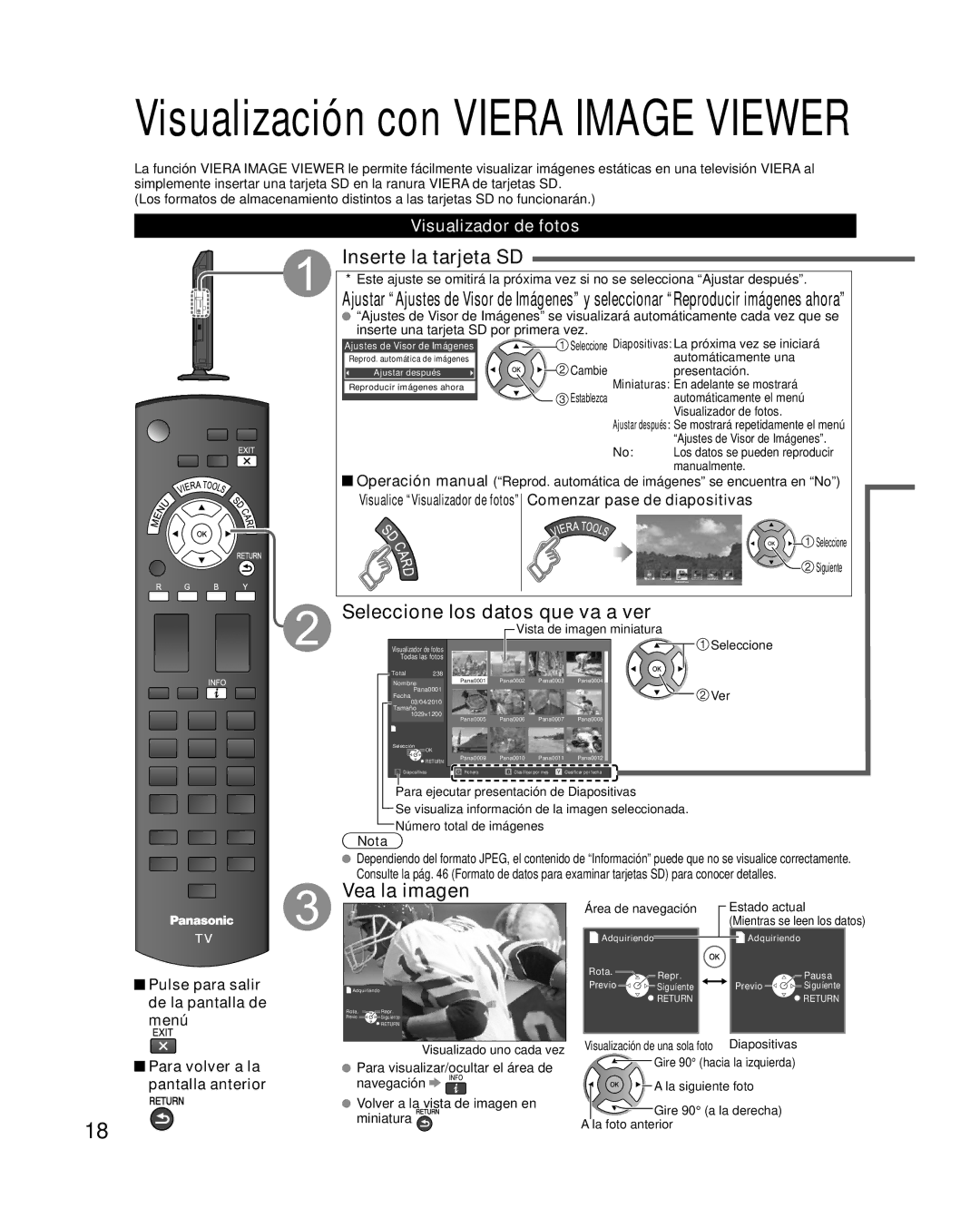 Panasonic TC-L32X2 Inserte la tarjeta SD, Seleccione los datos que va a ver, Vea la imagen, Visualizador de fotos 