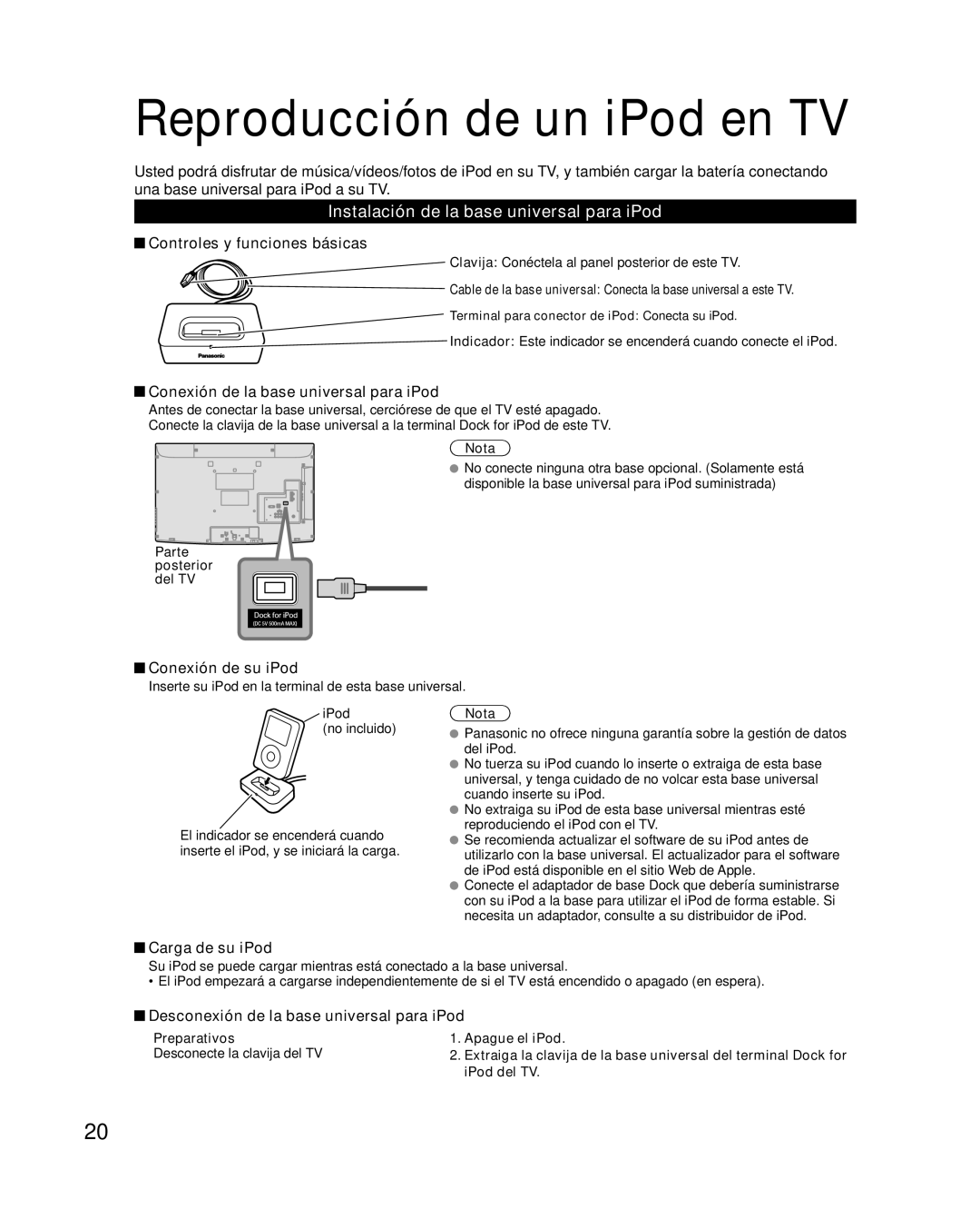 Panasonic TC-L32X2, TC-L37X2 quick start Reproducción de un iPod en TV, Instalación de la base universal para iPod 