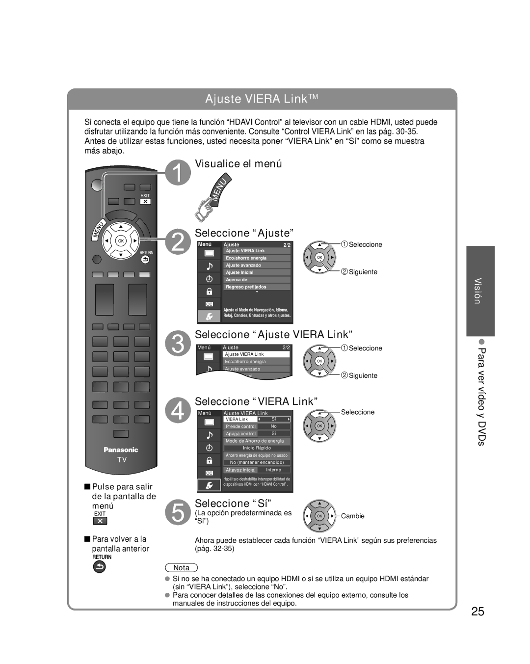 Panasonic TC-L37X2 Visualice el menú Seleccione Ajuste, Seleccione Ajuste Viera Link, Seleccione Viera Link, Seleccione Sí 