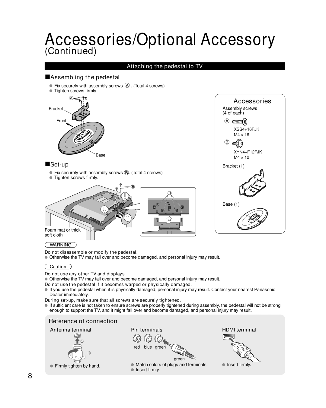 Panasonic TC-L32X2, TC-L37X2 quick start Attaching the pedestal to TV, Antenna terminal, Pin terminals Hdmi terminal 