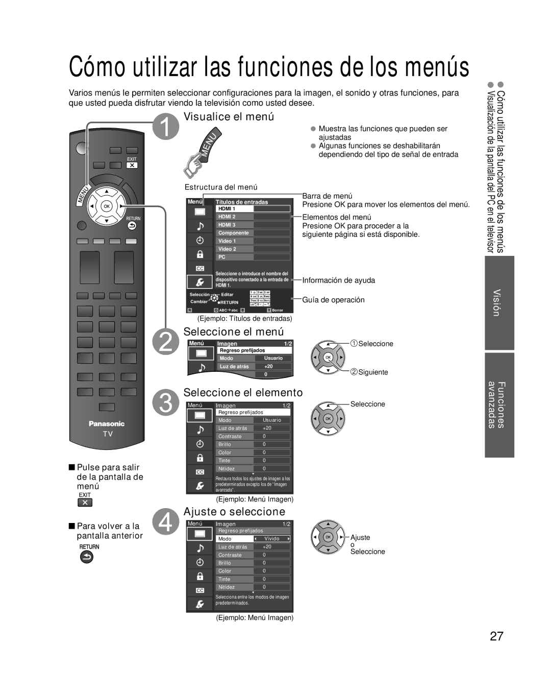 Panasonic TC-L37X2, TC-L32X2 quick start Visualice el menú, Ajuste o seleccione, Ejemplo Menú Imagen Seleccione Ajuste 