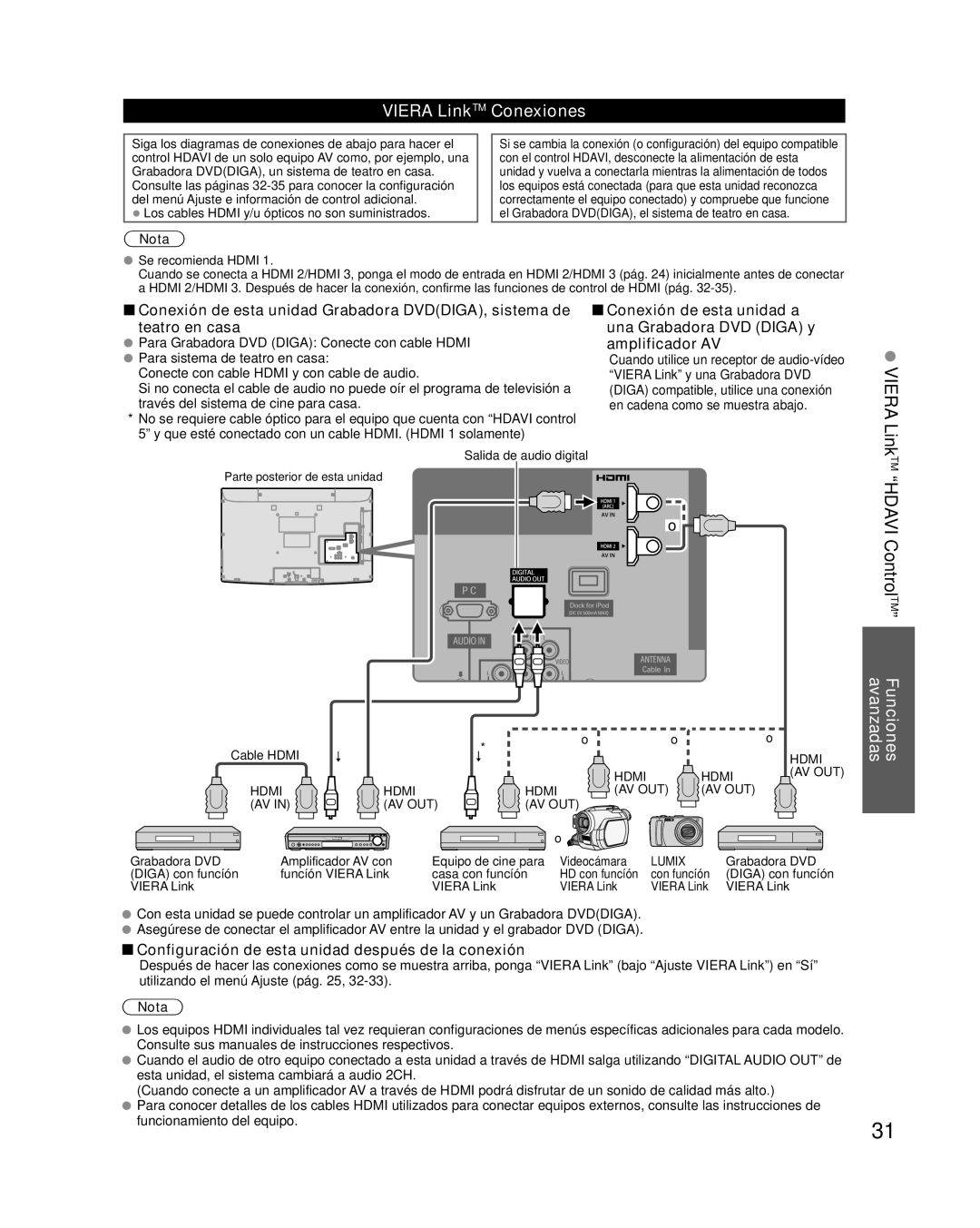 Panasonic TC-L37X2, TC-L32X2 quick start Viera LinkTM Conexiones, TM Hdavi ControlTM Funciones avanzadas 