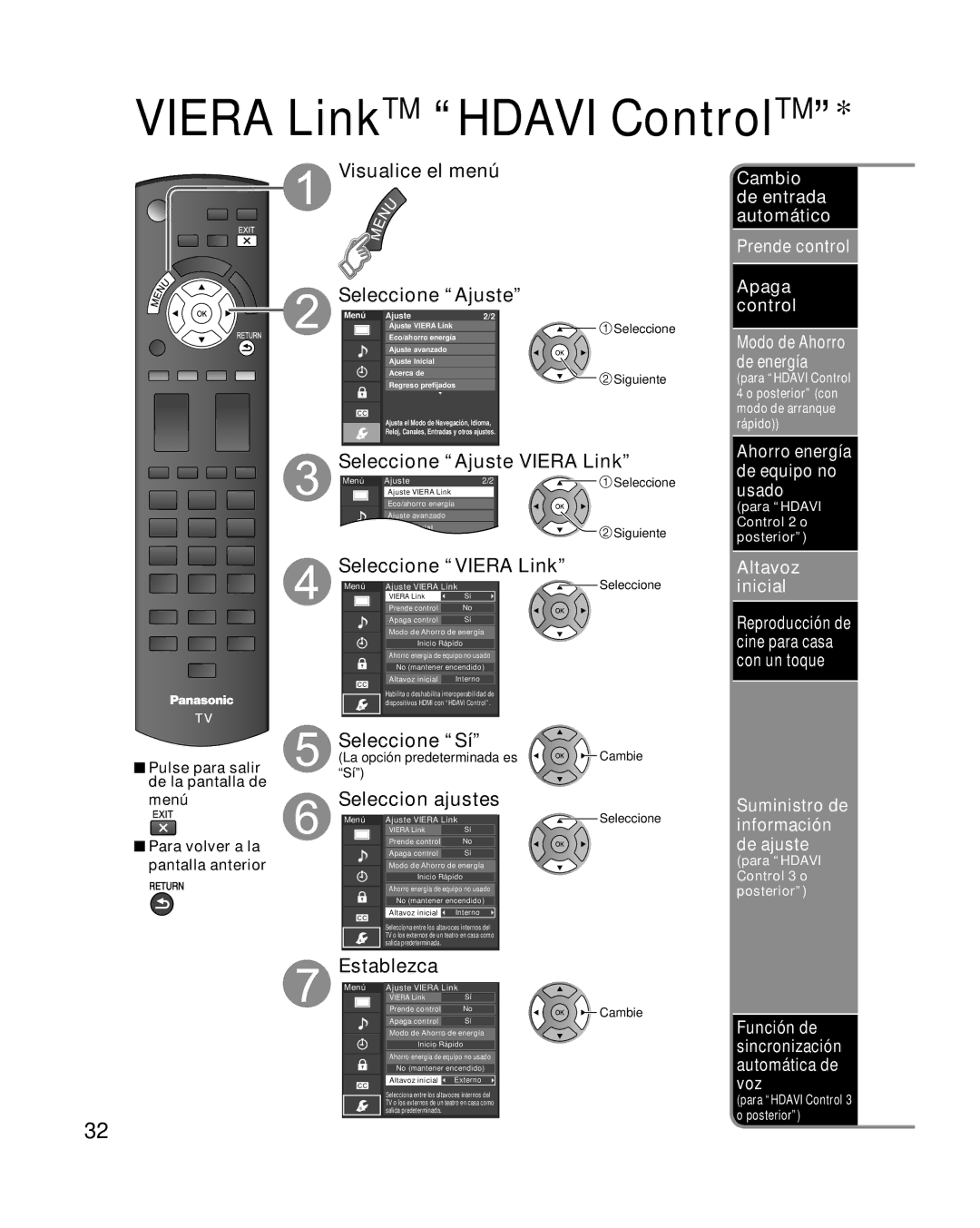 Panasonic TC-L32X2, TC-L37X2 Seleccion ajustes, Prende control, La opción predeterminada es Sí, Cambie Seleccione 