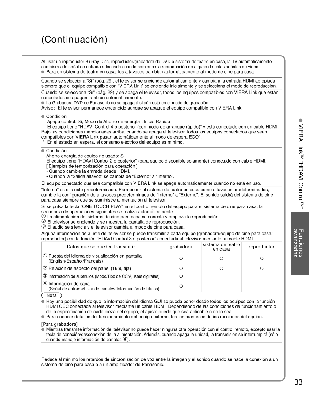 Panasonic TC-L37X2 Viera LinkTM Hdavi ControlTM Funciones avanzadas, Datos que se pueden transmitir, Información de canal 