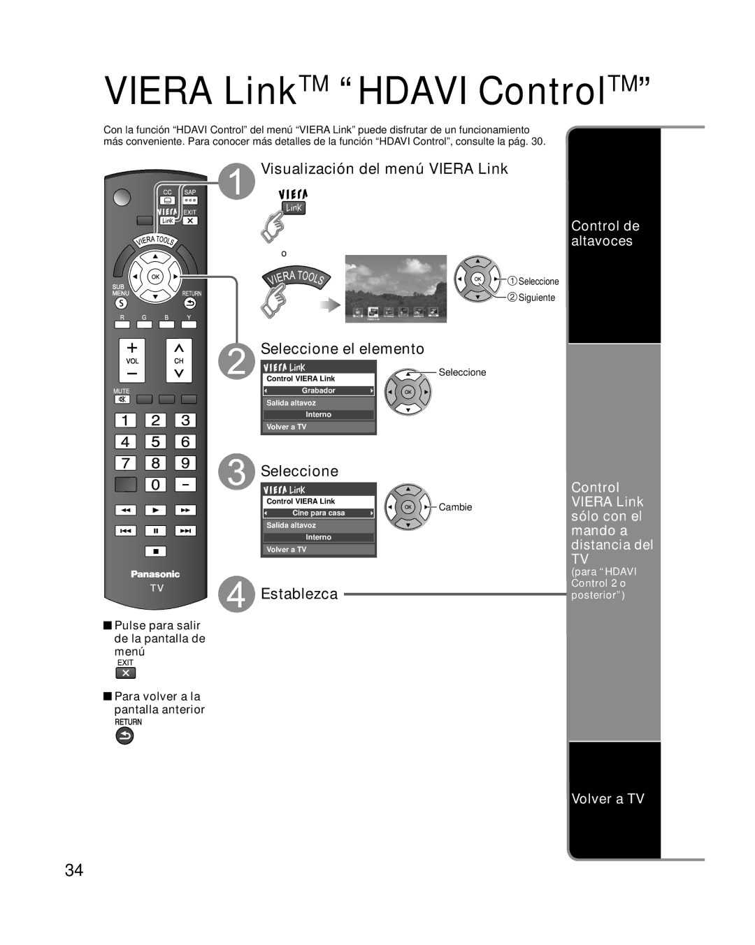 Panasonic TC-L32X2, TC-L37X2 quick start Visualización del menú Viera Link, Seleccione 