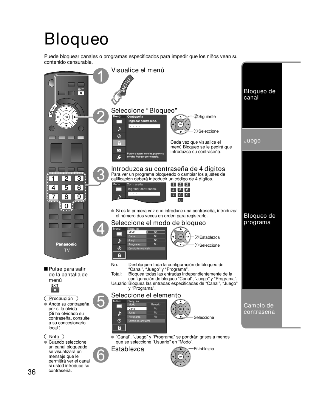 Panasonic TC-L32X2, TC-L37X2 Seleccione Bloqueo, Introduzca su contraseña de 4 dígitos, Seleccione el modo de bloqueo 