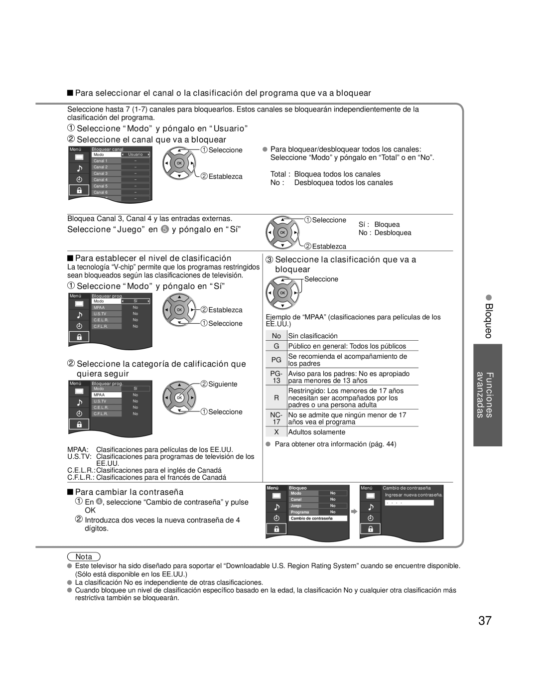 Panasonic TC-L37X2, TC-L32X2 quick start Bloqueo Funciones avanzadas 