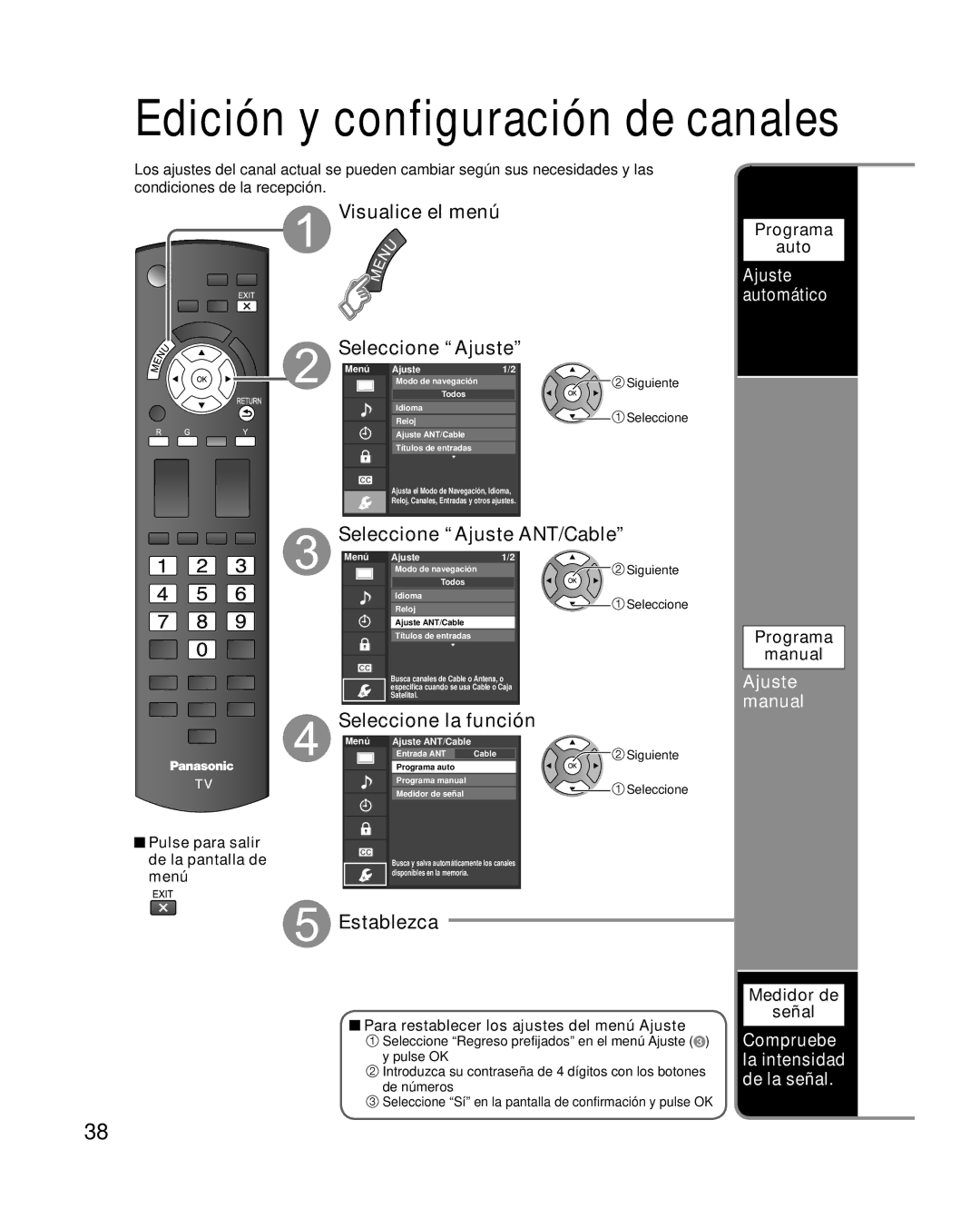 Panasonic TC-L32X2, TC-L37X2 Seleccione Ajuste ANT/Cable, Seleccione la función, Ajuste manual, Ajuste automático 