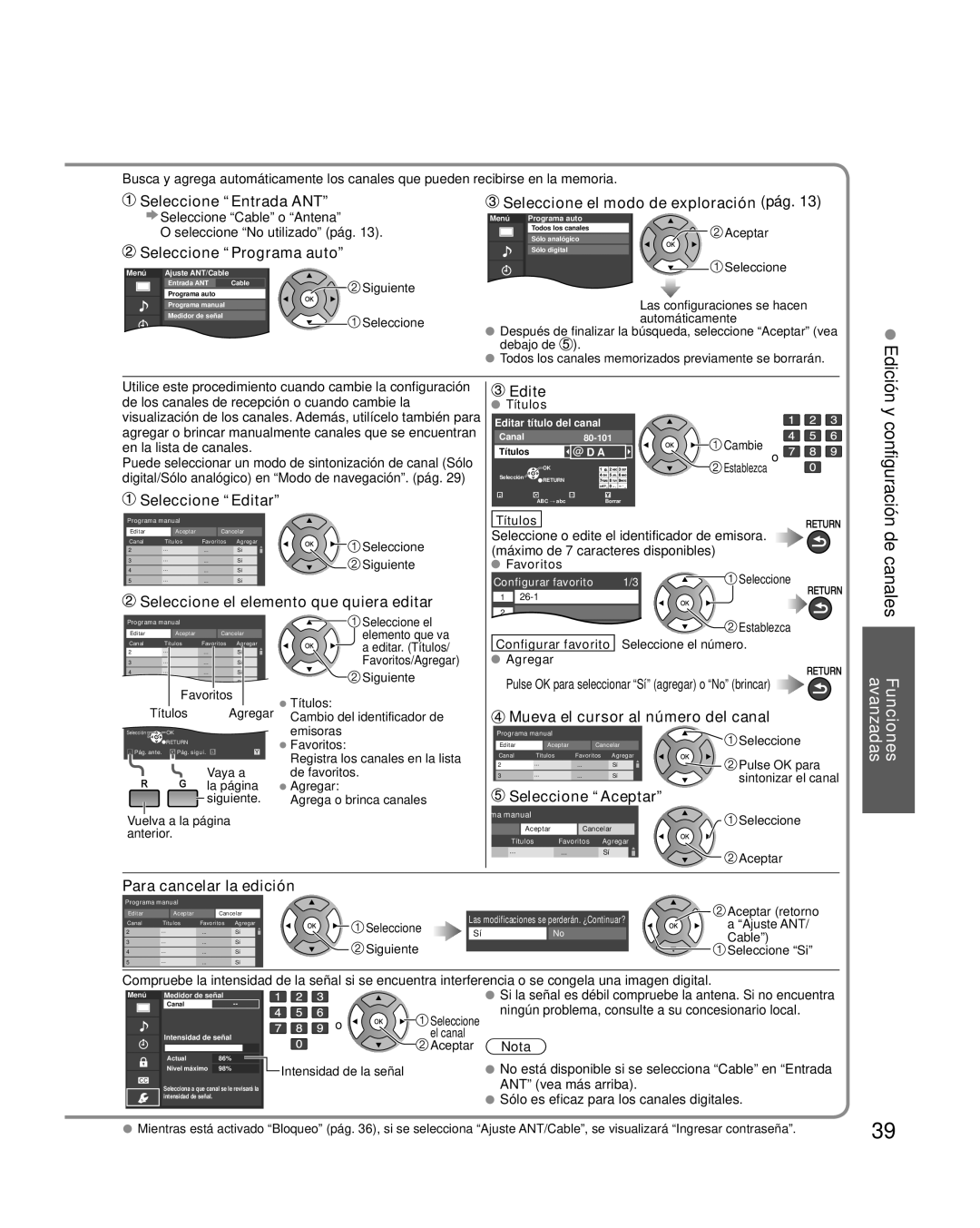 Panasonic TC-L37X2, TC-L32X2 Seleccione Entrada ANT, Seleccione Programa auto, Seleccione el modo de exploración pág 