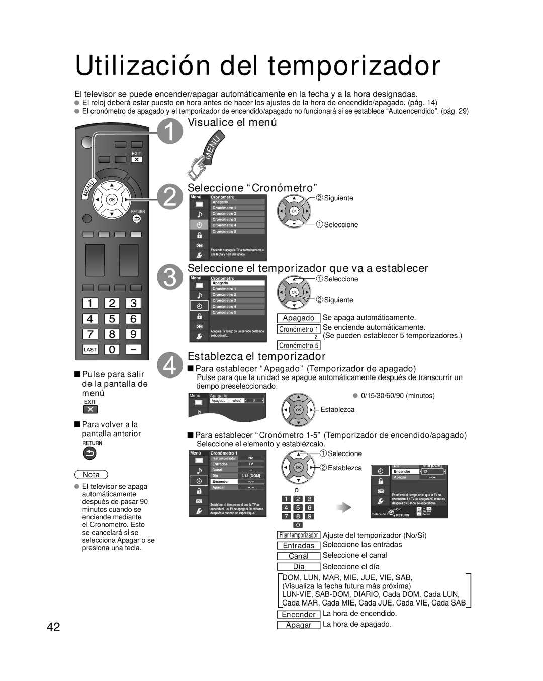 Panasonic TC-L32X2 Utilización del temporizador, Visualice el menú Seleccione Cronómetro, Establezca el temporizador 