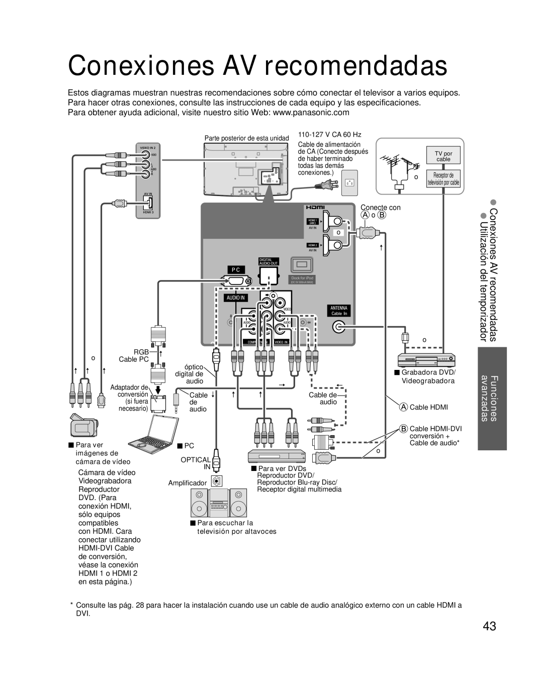 Panasonic TC-L37X2, TC-L32X2 quick start Conexiones AV recomendadas, Grabadora DVD, Para ver DVDs, Para escuchar la 