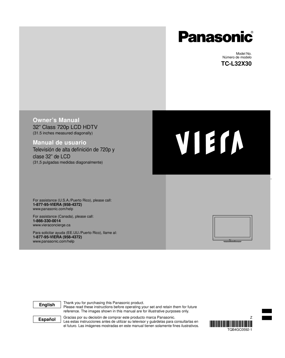 Panasonic TC-L32X30 owner manual English Español, Inches measured diagonally, 31,5 pulgadas medidas diagonalmente, Viera 