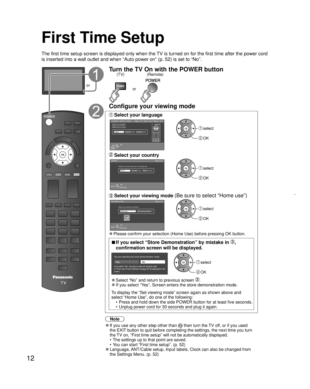 Panasonic TC-L32X30 owner manual First Time Setup, Turn the TV On with the Power button, Configure your viewing mode 