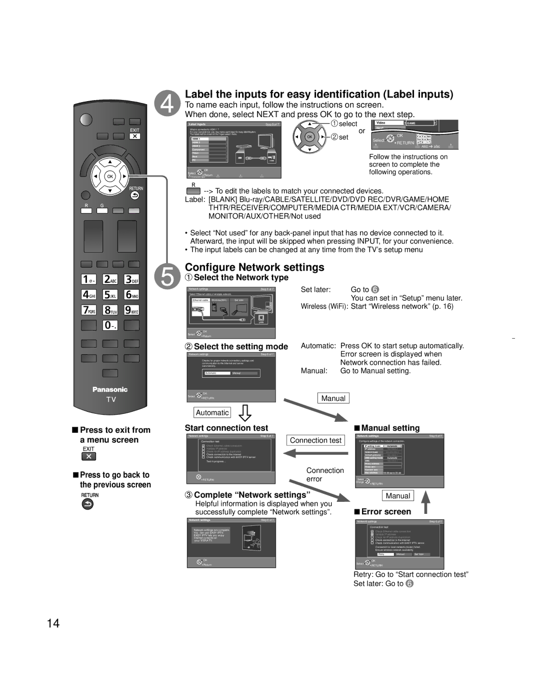 Panasonic TC-L32X30 owner manual Label the inputs for easy identification Label inputs, Configure Network settings 