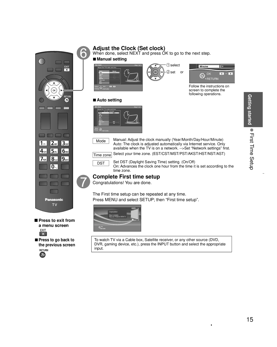 Panasonic TC-L32X30 owner manual Adjust the Clock Set clock, Complete First time setup, Manual setting, Auto setting 