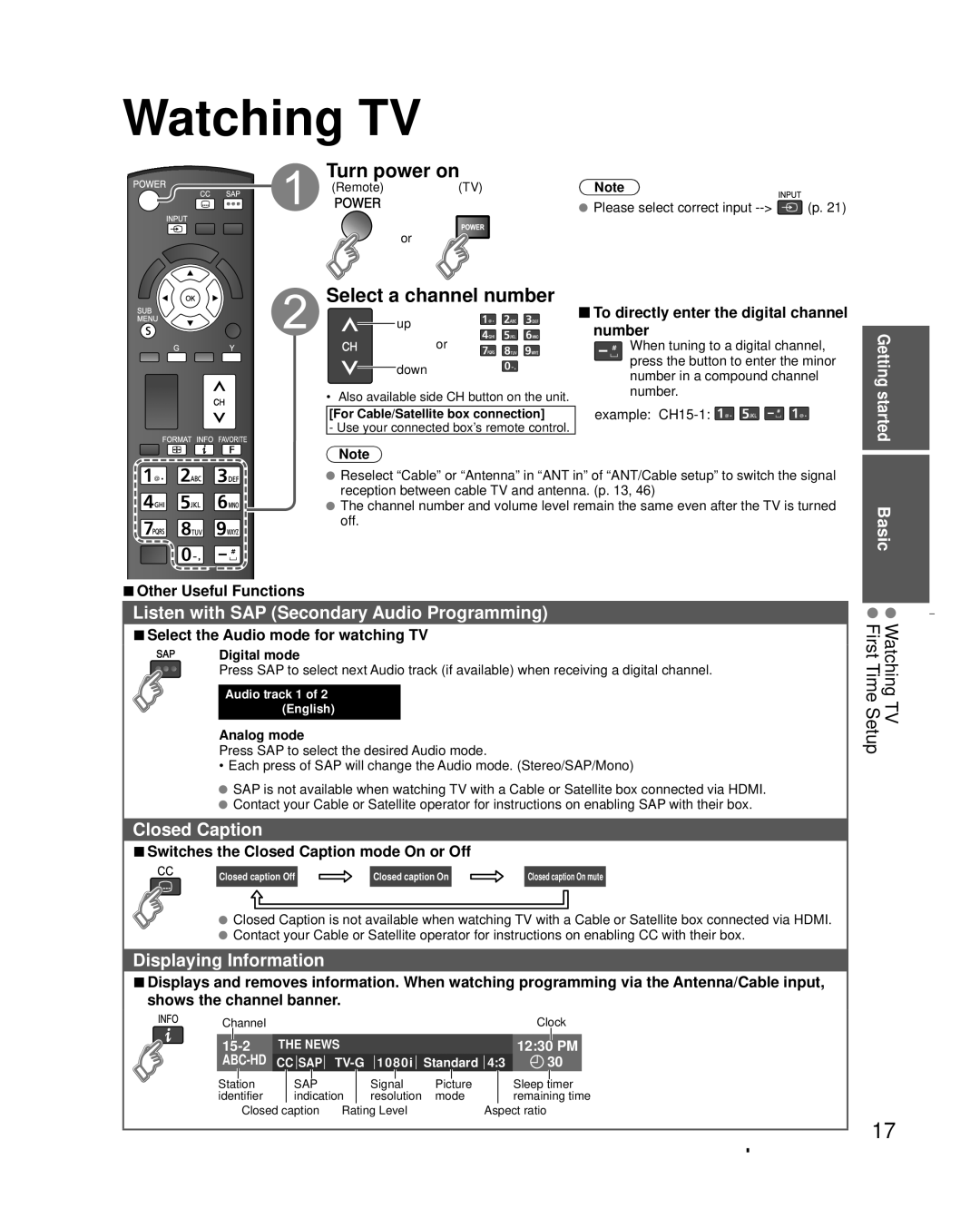 Panasonic TC-L32X30 owner manual Watching TV, Turn power on, Select a channel number 