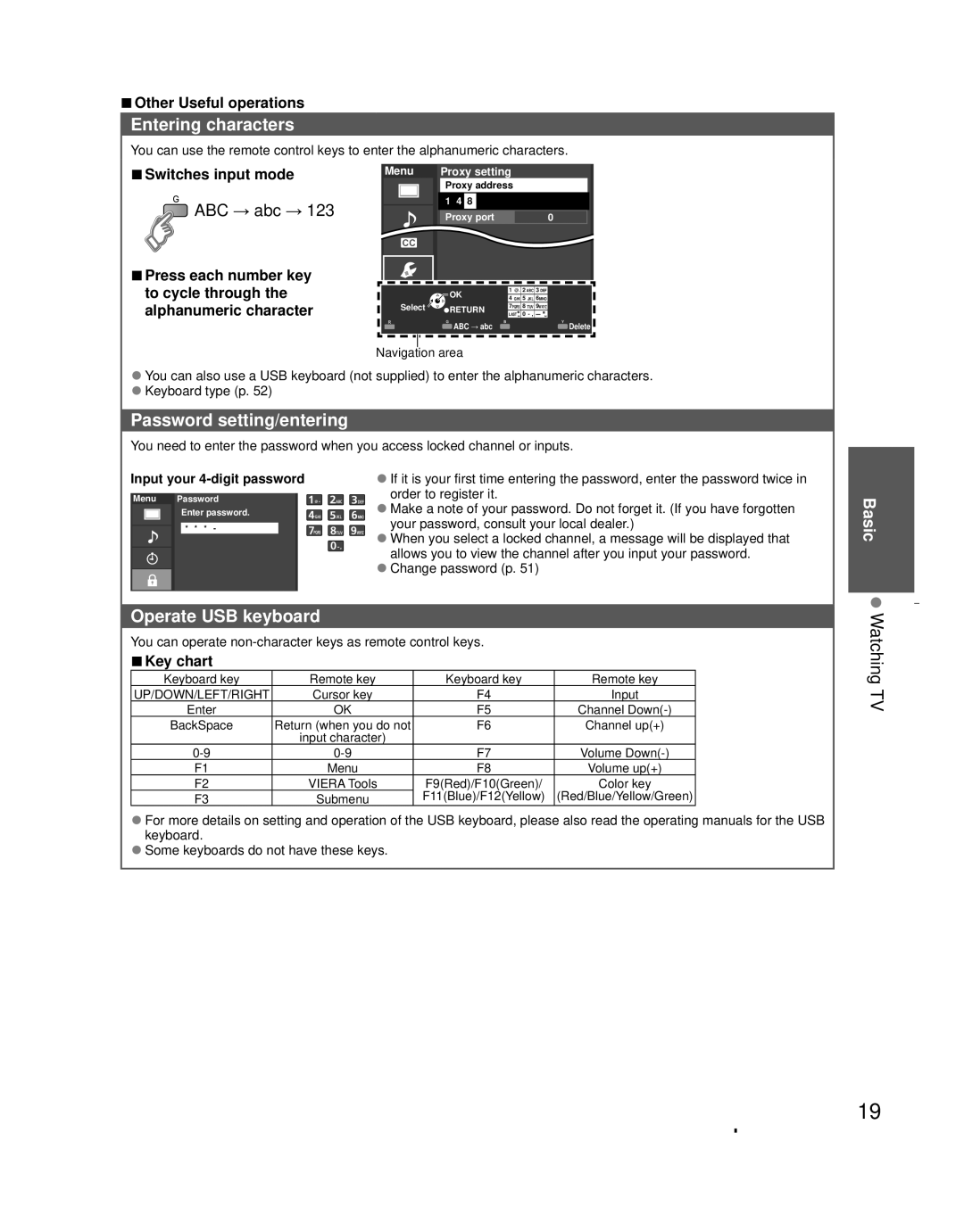 Panasonic TC-L32X30 owner manual Entering characters, Password setting/entering, Operate USB keyboard, Watching TV, ABC abc 