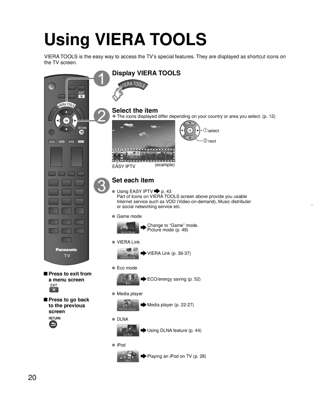 Panasonic TC-L32X30 owner manual Using Viera Tools, Display Viera Tools Select the item, Set each item 