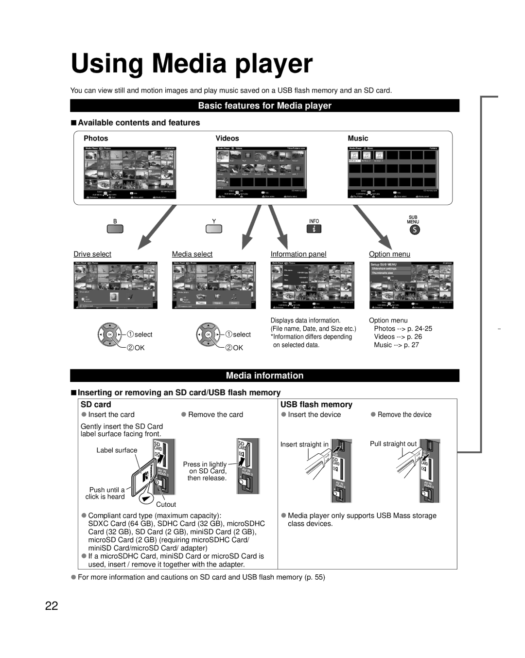 Panasonic TC-L32X30 owner manual Using Media player, Basic features for Media player, Media information 