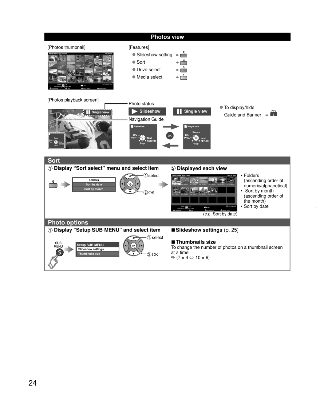 Panasonic TC-L32X30 owner manual Sort, Photo options, Photos view, Display Setup SUB Menu and select item 